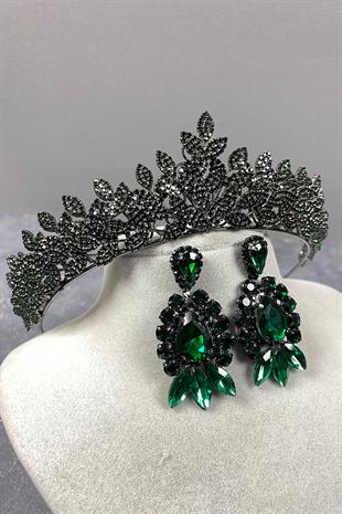 Green Sara Bridal Henna Tiara and Earring with Dense Stones