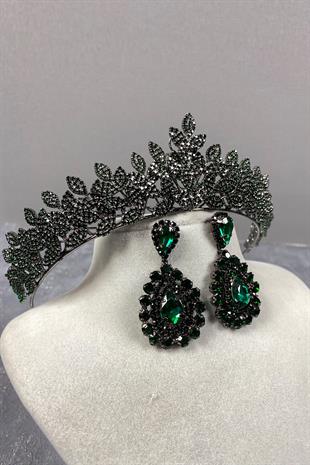 Green Sara Dense Stone Bridal Henna Tiara and Earring with Drop Stone