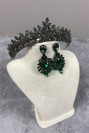 Green Sara Dense Stone Bridal Henna Tiara and Earring Set