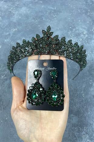Green Sara Dense Stone Bridal Henna Tiara and Earring with Drop Stone