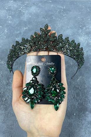 Green Sara Dense Stone Bridal Henna Tiara and Earring Set