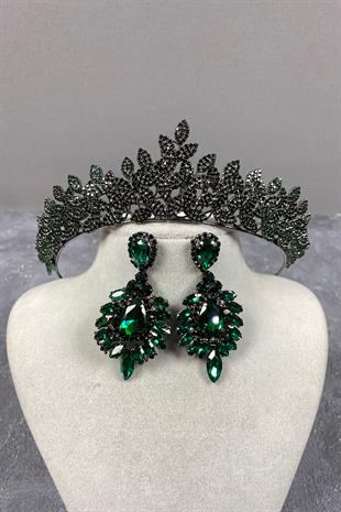 Green Sara Dense Stone Bridal Henna Tiara and Earring Set