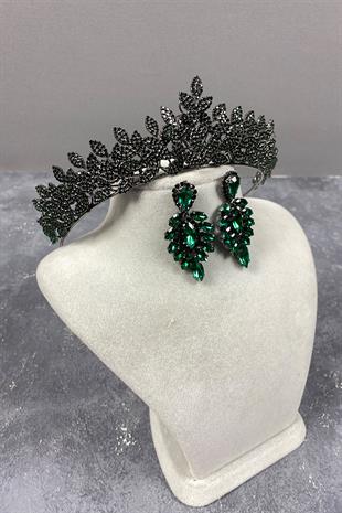 Green Sara Dense Stone Bridal Henna Tiara and Stud Earrings Set