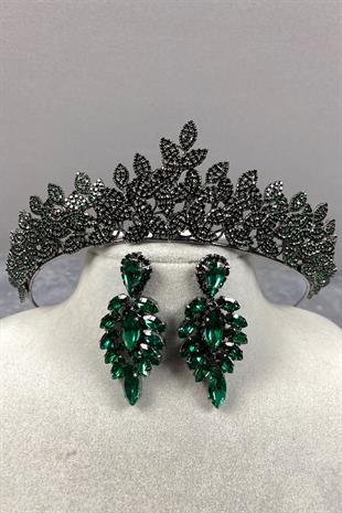 Green Sara Dense Stone Bridal Henna Tiara and Stud Earrings Set
