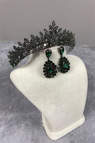 Green Sara Dense Stone Bridal Henna Tiara and Earring with Drop Stone