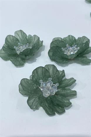 Yeşil Sedef Yapraklı Kristal Boncuklu İncili Broş