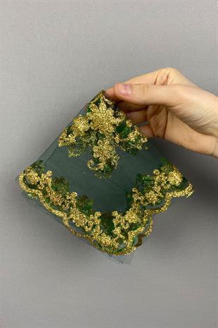 Green Glitter Foil Printed Bridal Halay Handkerchief 10 pcs