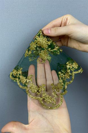 Green Glitter Foil Printed Bridal Halay Handkerchief 10 pcs