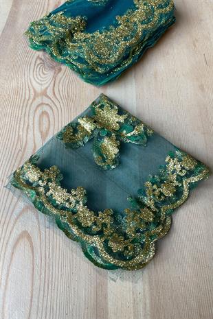 Green Glitter Foil Printed Bridal Halay Handkerchief 50 pcs