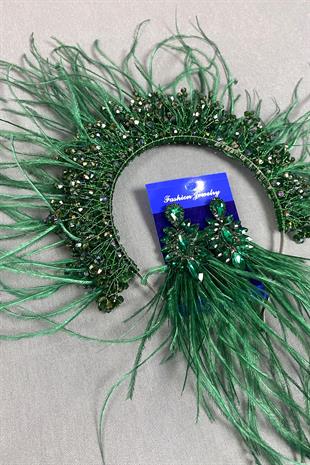 Feathered Bridal Henna Crown and Earrings with Green Sirius Crystal Beads