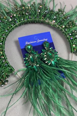 Feathered Bridal Henna Crown and Earrings with Green Sirius Crystal Beads