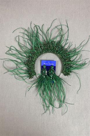 Feathered Bridal Henna Crown and Earrings with Green Sirius Crystal Beads