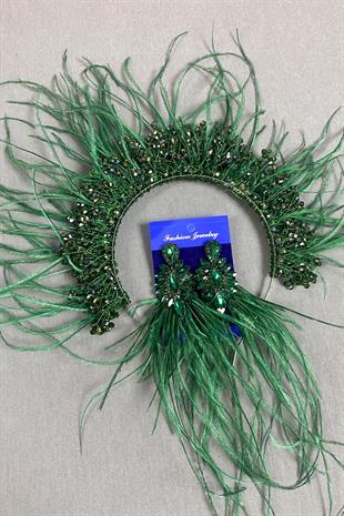Feathered Bridal Henna Crown and Earrings with Green Sirius Crystal Beads