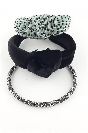 Yeşil Siyah Gümüş 3lü Kadife Taç Takım