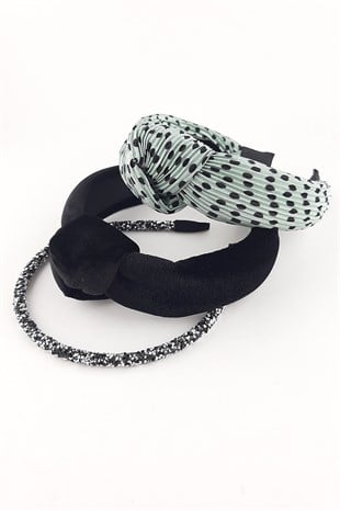 Yeşil Siyah Gümüş 3lü Kadife Taç Takım