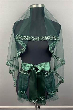 Yeşil Su Model İşlemeli Gelin Kına Duvağı Yüz Örtüsü