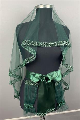 Yeşil Su Model İşlemeli Gelin Kına Duvağı Yüz Örtüsü