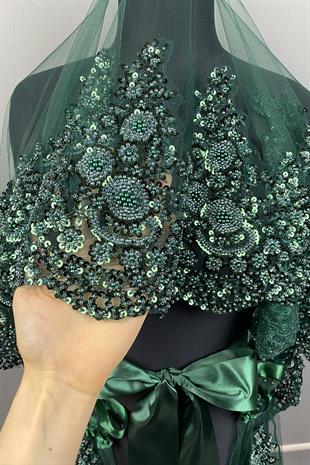 Yeşil Sultan Model Özel İşlemeli Gelin Kına Duvağı Yüz Örtüsü