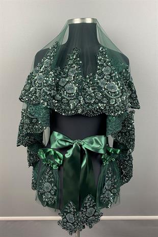 Yeşil Sultan Model Özel İşlemeli Gelin Kına Duvağı Yüz Örtüsü