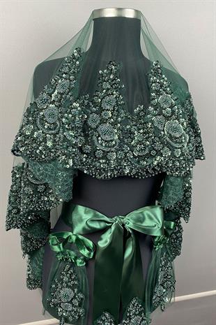 Yeşil Sultan Model Özel İşlemeli Gelin Kına Duvağı Yüz Örtüsü