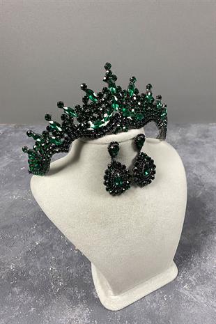 Green Tokyo Stone Bridal Henna Crown And Drop Earrings Set