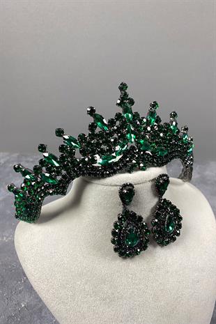 Green Tokyo Stone Bridal Henna Crown And Drop Earrings Set