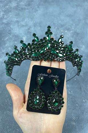 Green Tokyo Stone Bridal Henna Crown And Drop Earrings Set