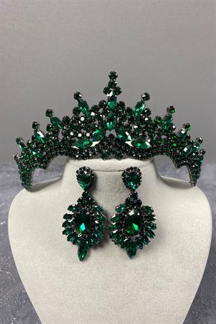 Yeşil Tokyo Taşlı Gelin Kına Tacı Ve Mekik Taşlı Küpe Seti