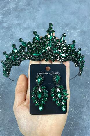 Green Tokyo Stone Bridal Henna Tiara and Stud Earrings Set