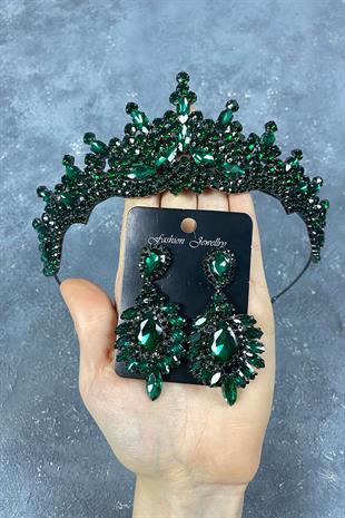 Yeşil Tokyo Taşlı Gelin Kına Tacı Ve Mekik Taşlı Küpe Seti