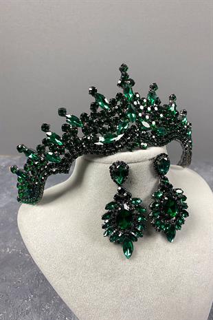 Yeşil Tokyo Taşlı Gelin Kına Tacı Ve Mekik Taşlı Küpe Seti