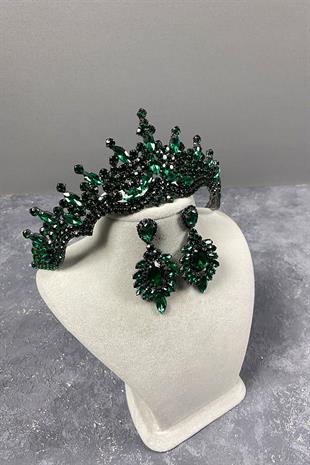 Yeşil Tokyo Taşlı Gelin Kına Tacı Ve Mekik Taşlı Küpe Seti