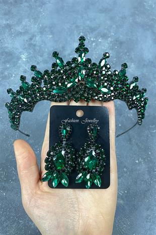 Green Tokyo Stone Bridal Henna Tiara and Stud Earrings