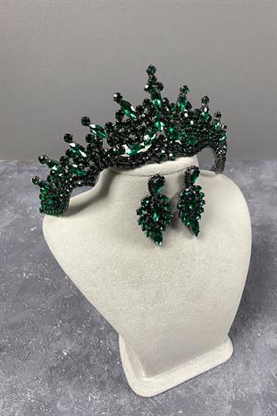 Green Tokyo Stone Bridal Henna Tiara and Stud Earrings Set