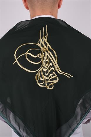 Yeşil Tuğralı Gold Nakışlı Biyeli Damat Örtüsü