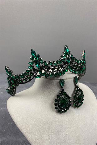 Green Venetian Stone Bridal Henna Tiara and Drop Earrings Set