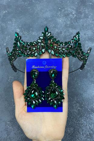 Green Venetian Stone Bridal Henna Crown And Drop Stud Earring Set