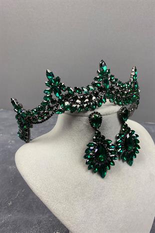 Green Venetian Stone Bridal Henna Crown And Drop Stud Earring Set