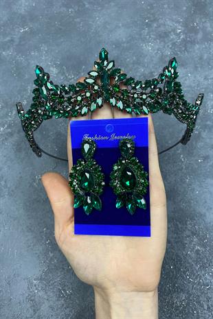 Green Venetian Stone Bridal Henna Tiara and Stud Earrings Set