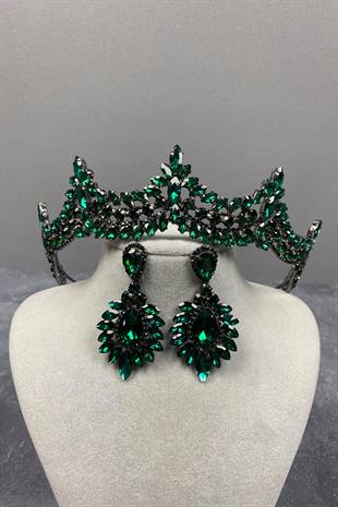 Green Venetian Stone Bridal Henna Crown And Drop Stud Earring Set