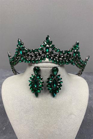 Green Venetian Stone Bridal Henna Tiara and Drop Earrings Set