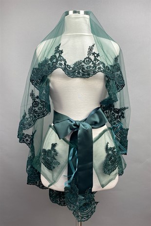 Yeşil Venüs Dantelli Gelin Duvağı Kına Yüz Örtüsü