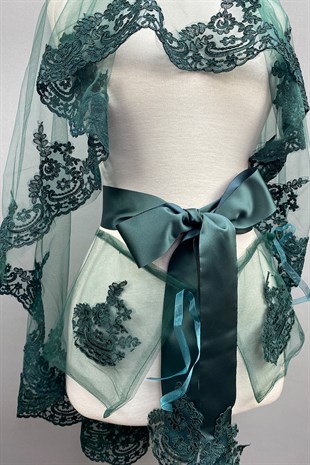 Yeşil Venüs Dantelli Gelin Duvağı Kına Yüz Örtüsü