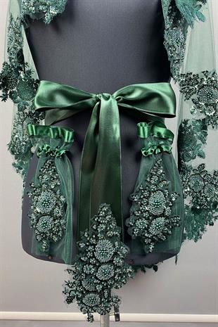 Yeşil Vip Model Gelin Kına Duvağı Yüz Örtüsü