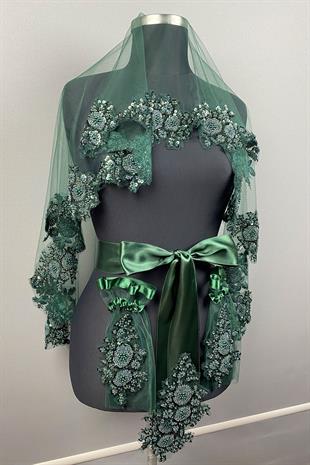 Yeşil Vip Model Gelin Kına Duvağı Yüz Örtüsü