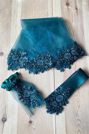 Yeşil Vip Model Gelin Kına Duvağı Yüz Örtüsü