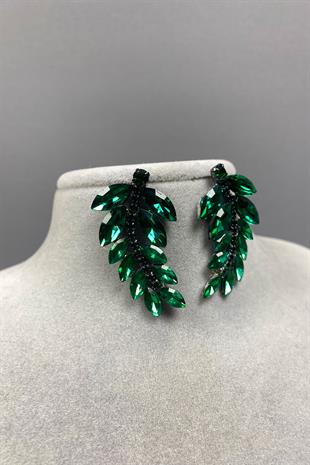 Green Leaf Pattern Ela Evening Dress with Stone Bridal Earring