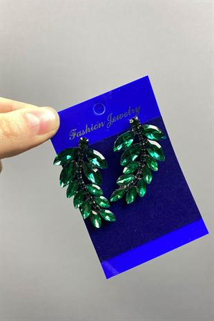Green Leaf Pattern Ela Evening Dress with Stone Bridal Earring