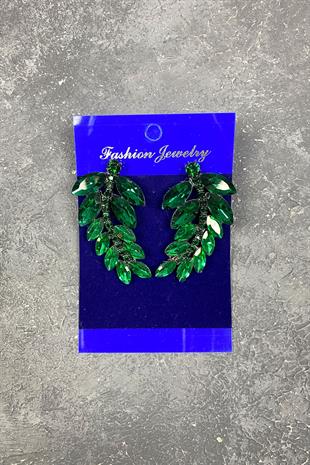 Green Leaf Pattern Ela Evening Dress with Stone Bridal Earring