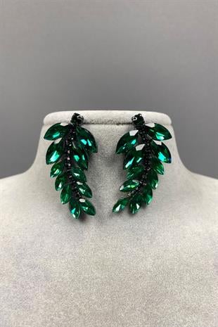 Green Leaf Pattern Ela Evening Dress with Stone Bridal Earring